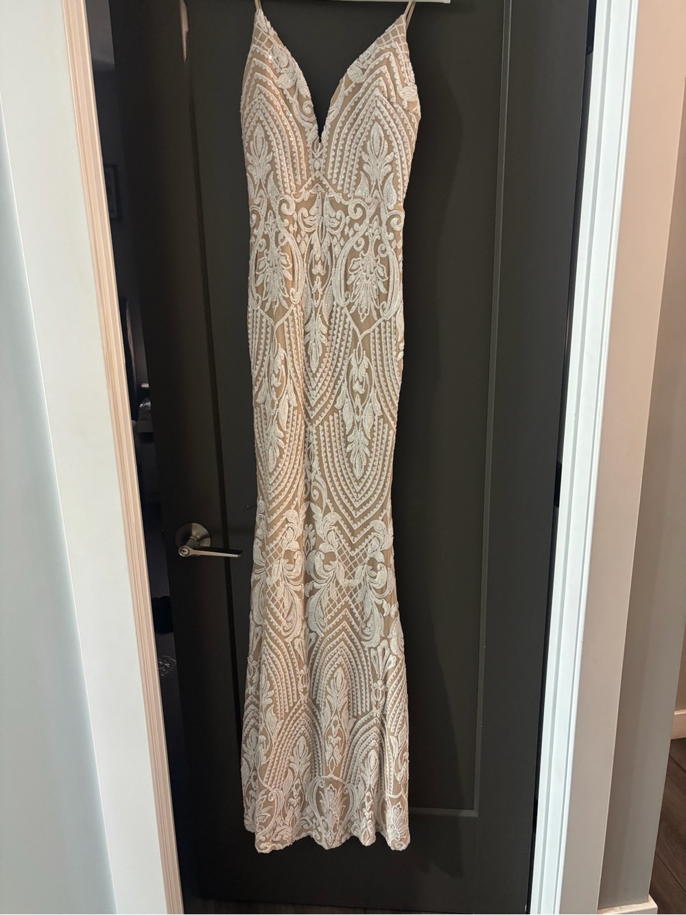 Elegant Beige Lace Maxi Dress with V-Neck